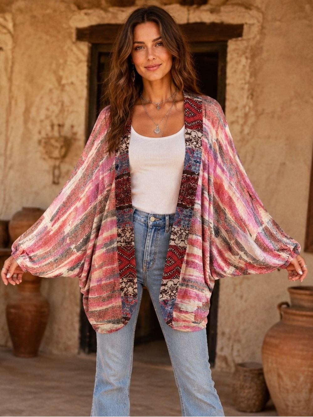 NWT Umgee Boho Abstract Print Batwing Kimono Cardigan S/M